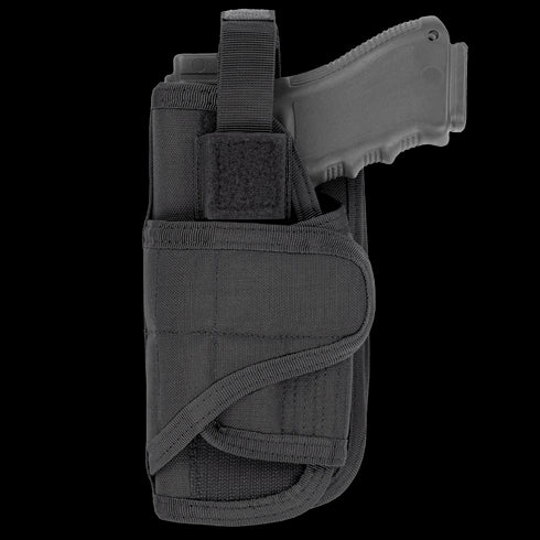 A black Condor VT Holster - Left Hand, designed for left-handed use, partially secures a black handgun with its Velcro strap.